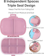 Holii Travel Pill Organizer, 8 Compartments Portable Pill Case, Daily Pill Box to Hold Vitamins, Small Pill Container for Pocket Purse Medicine Organizer（Pink）