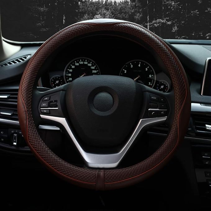 Steering Wheel Covers Universal 15 inch - Genuine Leather, Breathable, Anti Slip & Odor Free (Coffee, M(14" 1/2-15" 1/4))