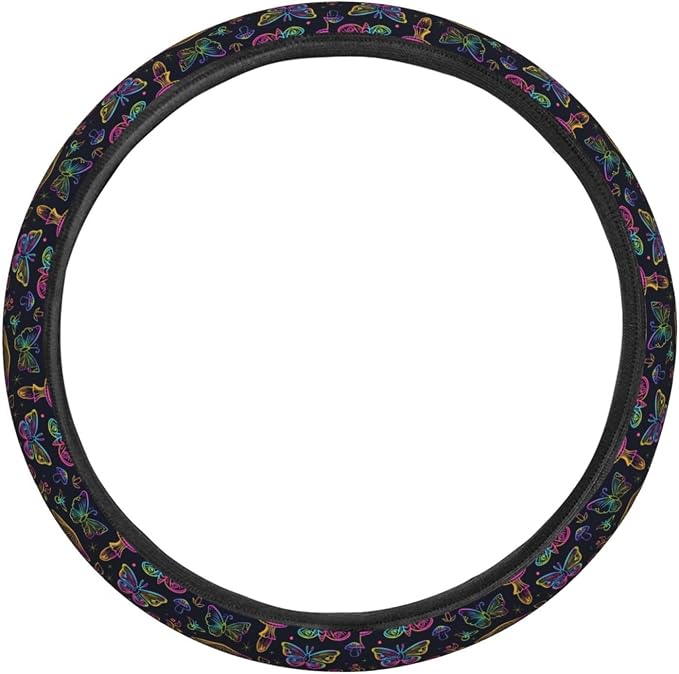 Neon Night Moths Butterflies Mushroom Steering Wheel Covers Anti-Slip Elasticity Car Accessories Steering Wheel Protector Universal 15 Inch for Cars SUV Vehicle Truck