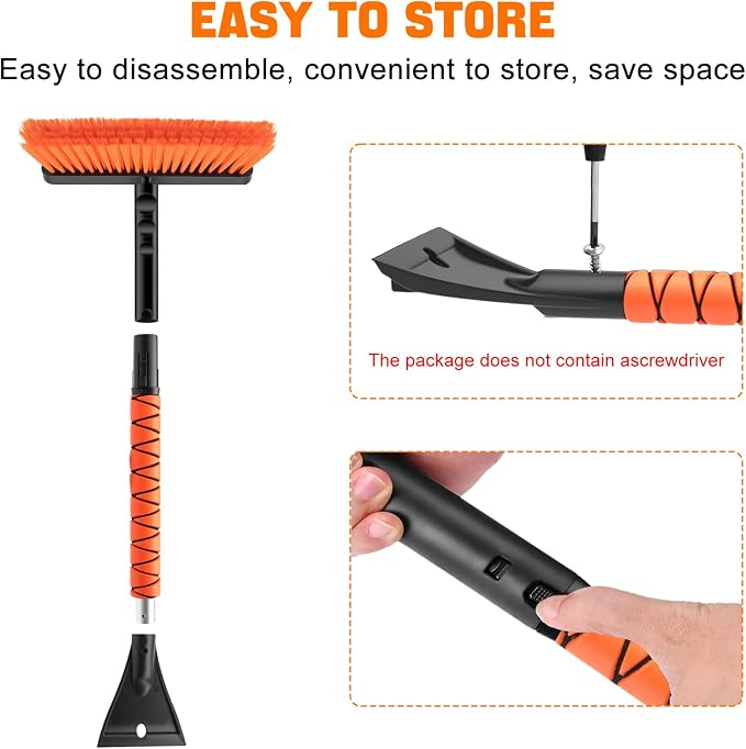 Snow Brush and Ice Scrapers for Car Windshield, Detachable Snow Remover for Cars EVA Foam Grip and Rotatable Brush Head Snow Scraper for Car Trucks SUV, Winter Cars Accessories (Orange)