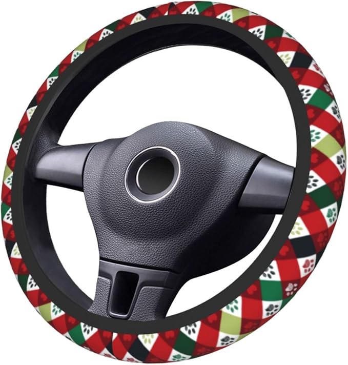 Christmas Red Plaid Dog Paw Prints Steering Wheel Cover Car Accessories Cute for Women Girls Girly Universal 15 Inch Neoprene Auto Interior Decor Anti Slip Car Truck Protector