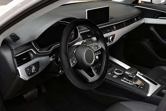 Microfiber Leather Steering Wheel Cover, Universal 14.5-15 Inch Steering Wheel Anti Slip Car Interior Accessories for Men Women (Black)