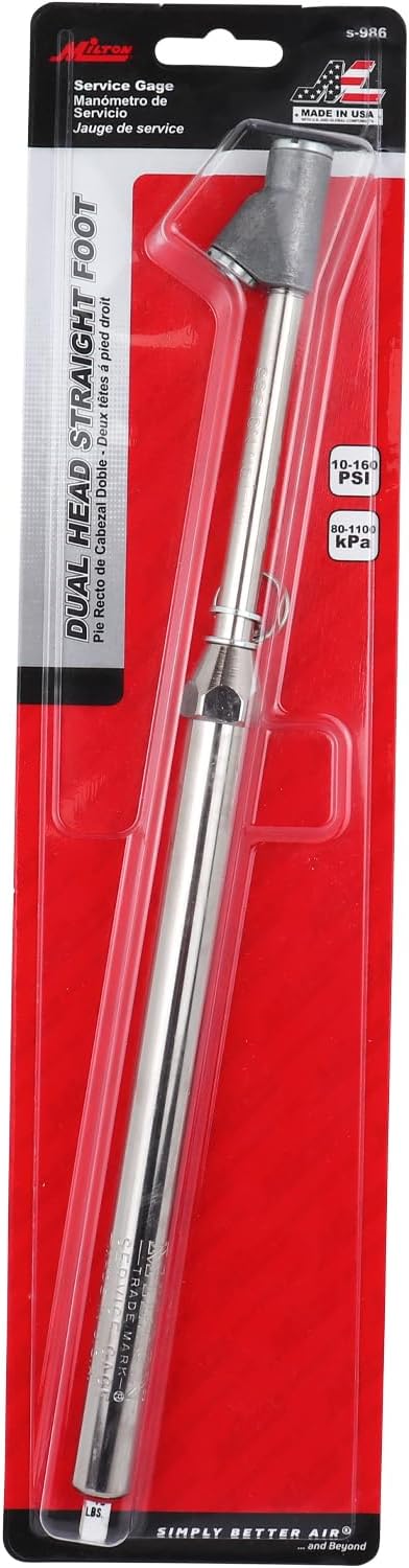 S-986 Straight Foot Dual Head Tire Pressure Gauge with Dual Head Chuck, 10-160 PSI Heavy Duty Air Pressure Gauge for Semi Truck, Tractor Trailer, Dually, RV and Automotive Tires