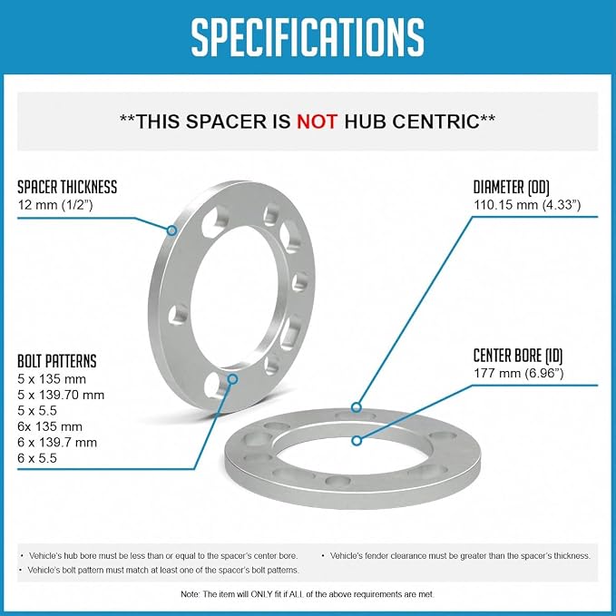 2 Pcs Die Cast Wheel Spacers 12mm 1/2" Thick Fits Bolt Patterns 5x135mm 5x139.7mm 5x5.5 6x135mm 6x139.7mm 6x5.5 Chevy Silverado 1500 ｜ Ford F-150 ｜ RAM 1500 - Not Hub Centric