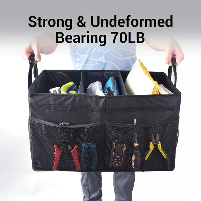 Car Trunk Organizer with Lid, Collapsible Car Storage Organizer with Reinforced Leather Handles, Non-Slip Bottom, Trunk Organizer for SUV, Van, Jeep (Black with Strap, Extra Large)