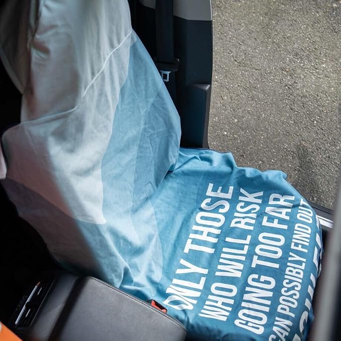 Car Seat Towel Cover – Hooded Moisture-Wicking Microfiber Seat Protector – 30" x 60" – for Runners and Outdoor Enthusiasts – Only Those Who Risk Going Too Far