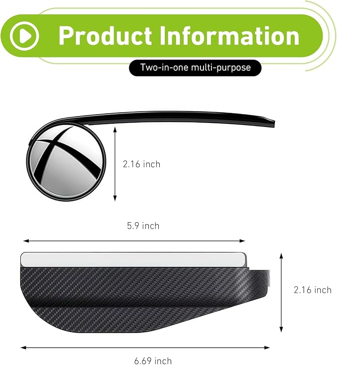 2PCS Car Rearview Blind Spot Mirror, ABS Side Mirror Rain Guard with 360 Degrees Blind Spot Mirror, 2-in-1 Carbon Fiber Rain Eyebrow, Universal for Most Cars (Black)