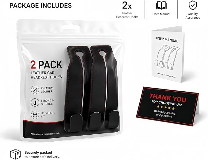 2 Pack Car Seat Headrest Hooks, Black Leather Car Purse Hangers with Red Stitching, Vehicle Back Seat Organizer Hooks for Handbags, Grocery Bags, Keys, Jackets and Accessories