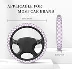 Light Purple Checkered Steering Wheel Cover for Women, Steering Wheel Covers with Anti-Slip Lining, Universal 14.5-15 inchs Car Interior Accessories with 2PCS Car Coasters Suitable for Men and Women
