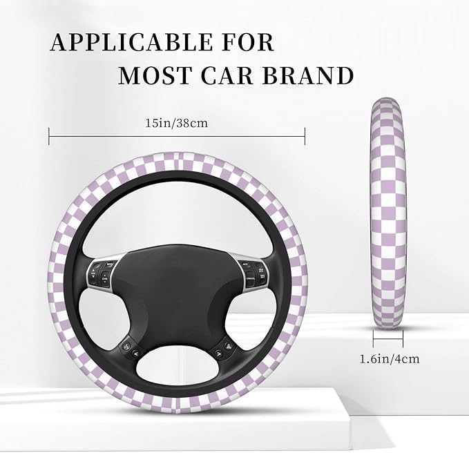 Light Purple Checkered Steering Wheel Cover for Women, Steering Wheel Covers with Anti-Slip Lining, Universal 14.5-15 inchs Car Interior Accessories with 2PCS Car Coasters Suitable for Men and Women