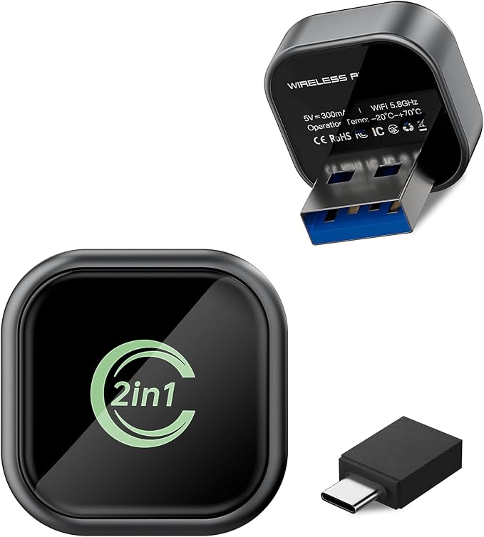 2-in-1 Wireless CarPlay & Android Auto Adapter – Instant Auto-Connect, Low Latency, USB-C & USB-A Compatible for Factory Wired CarPlay Vehicles