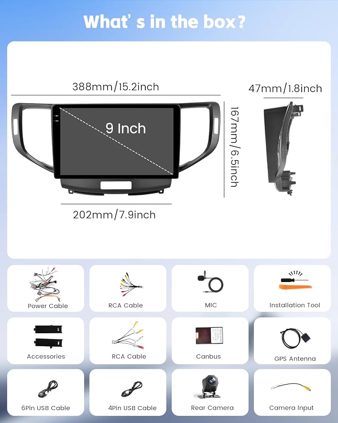 4+64G Android 15 Car Radio for Acura TSX 2009-2014/Honda Accord 2008-2012, 9" 1280 * 720 Incell Touchscreen Car Stereo Wireless CarPlay Android Auto, 5GHz WiFi, Bluetooth 5.0, EQ, GPS, Backup Cam, SWC