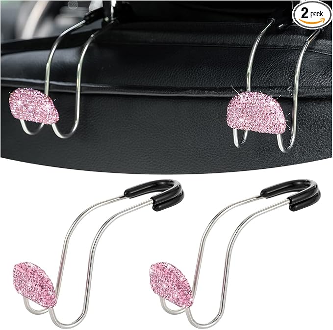 Car Headrest Hook, 2 Pack Bling Backseat Organizer Hanger for Purse Clothes Grocery Bag, Rhinestones Auto Headrest Storage Holder, Universal Car Seat Accessories for Most Vehicle (Pink)