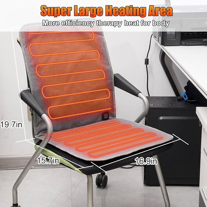 USB Heated Seat Cushion for Office Chair, Large Heating Area Cover | Therapy Heating Pad for Back, Lumbar, Hip, Thigh with 3 Temperatures Levels, 17In * 35.5In
