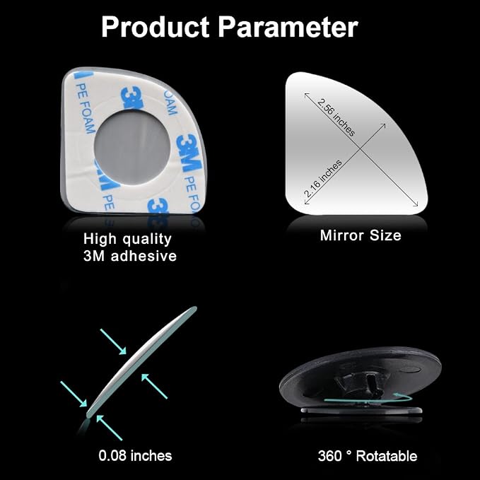 Frameless Blind Spot Mirror for Cars - 2 Pack HD Glass Convex Rear View Mirror, 360° Rotate Sway Adjustable Side Mirror for SUV, Truck, Van - Driving Safety Accessories