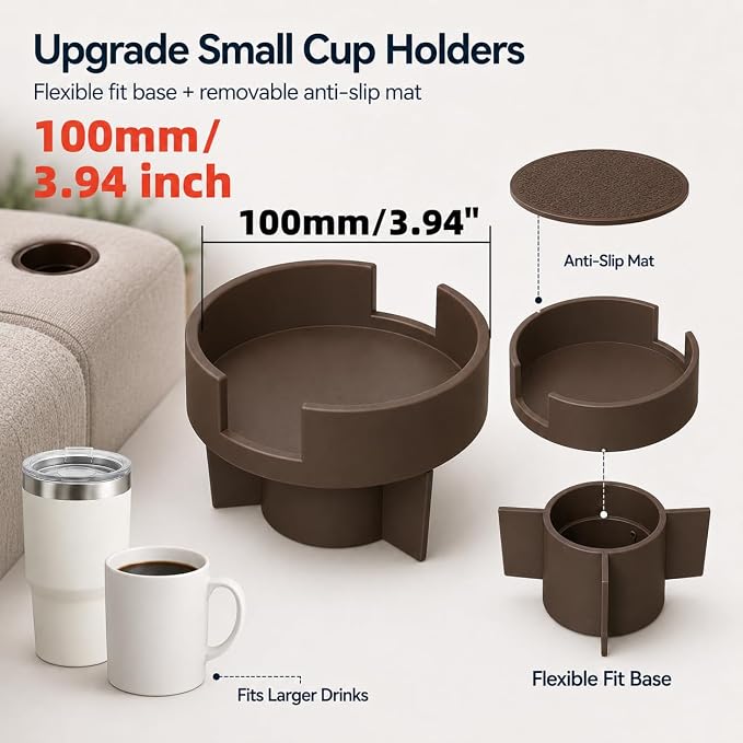Couch Cup Holder Adapter – Universal Sofa Drink Expander for Large Mugs, Tumblers & Bottles – Spill-Proof Recliner Caddy for Living Room, RV & Boat (Brown, Base 70-92MM(2.75-3.62IN))