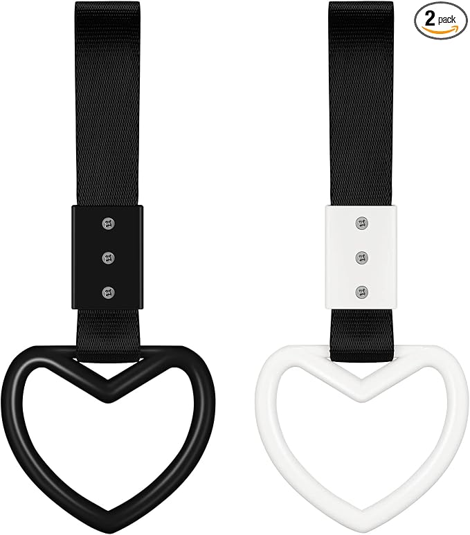 2 Pieces Rings Heart Shaped Car Handle Straps Drift Charm Rear Bumper Warning Ring Decor Subway Bus Broken Heart Handle for Car Interior (Black, White)
