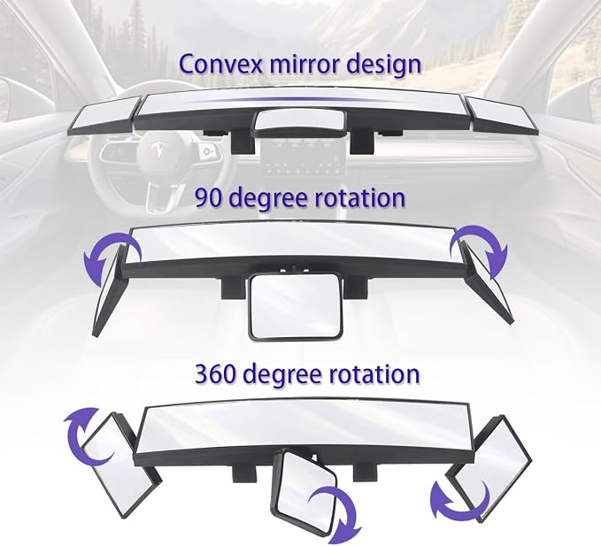 Car Rear View Mirror, 15 Inch Panoramic Vehicle Convex Rearview Mirror, Clip-on Automotive Large Wide Angle Extended Rear View Mirror Accessories, Universal for SUV, Truck, RV