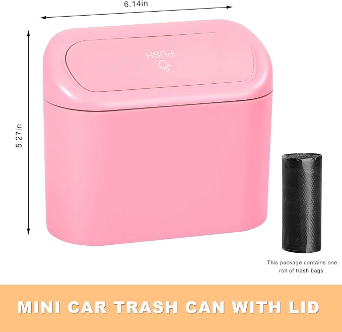 Car Trash Can with Lid, Leakproof Mini Auto Garbage Bin with Trash Bags, Multipurpose Dustbin Container Storage Organizer for Vehicle Home Office, Car Accessories (Pink)