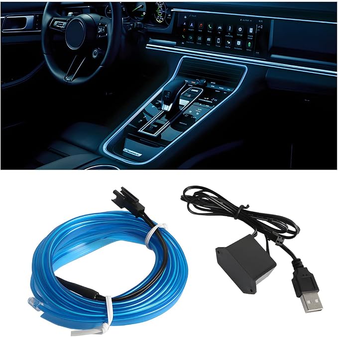 EL Wire LED Strip Lights, USB Auto Neon Light Strip with Sewing Edge, 16FT Electroluminescent Ambient Lighting Kit with Fuse Protection, Car Decoration Accessory (Blue/16FT)