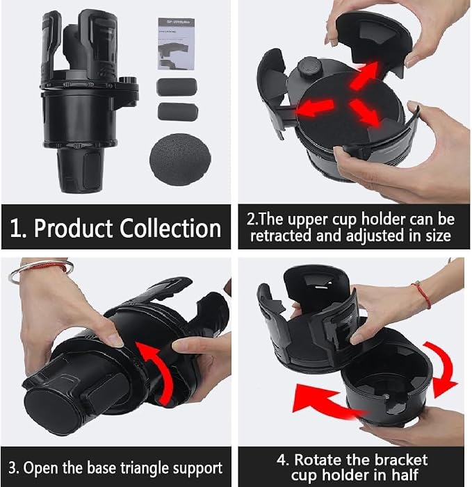 Car Cup Holder Expander 2 in 1，Expandable Cup Holder with 360°Adjustable Base，Compatible with Hydro Flask, Yeti, Nalgene, Other Large Bottles Drinks Mugs, Expandable to 2.87"-6" (Black)