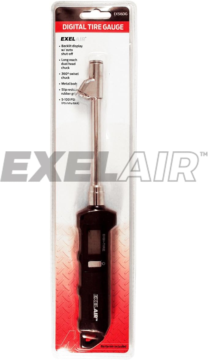 EXELAIR EX516DIG by Digital Dual Head Tire Gauge with Extended Swivel Air Chuck,Black/Silver