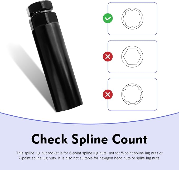 Large 6 Spline Lug Nut Socket, Car Wheel Lugs Nuts Lock Removal Tool, Wheel Lock Key Replacement for 6 Spline Lug Nut Key, for 21mm 13/16 Inch and 22mm 7/8 Inch Hex Socket Wrench