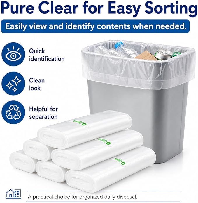 2 Gallon 80 Counts Small Clear Trash Bags Garbage Bags by, Bathroom Trash Can Bin Liners, Small Plastic Bags for home office kitchen, Clear