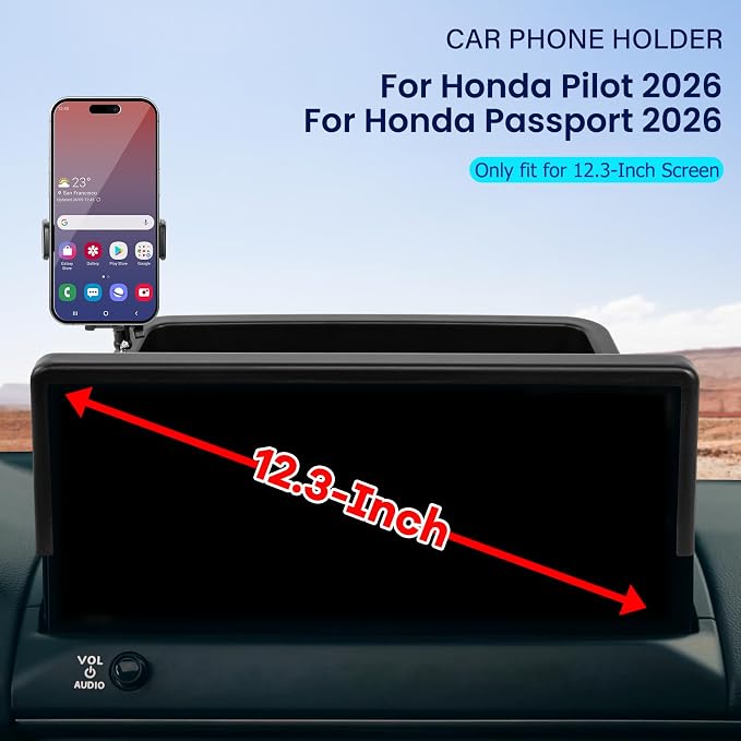 Car Phone Holder Fit for Honda Passport/Pilot 2026 w/Dash Tray Storge Box Organizer-Cell Phone Mount for Passport/Pilot Accessories 12.3inch Touch Screen 360 Degree Rotation (Not fit 14.5 inch)
