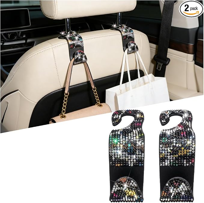 Bling Car Seat Headrest Hooks, 2PCS Leopard Print Backseat Storage Hanger Hooks for Women, Automotive Interior Rear Headrest Decoration Organizers, Universal for Vehicles (Multicolor)
