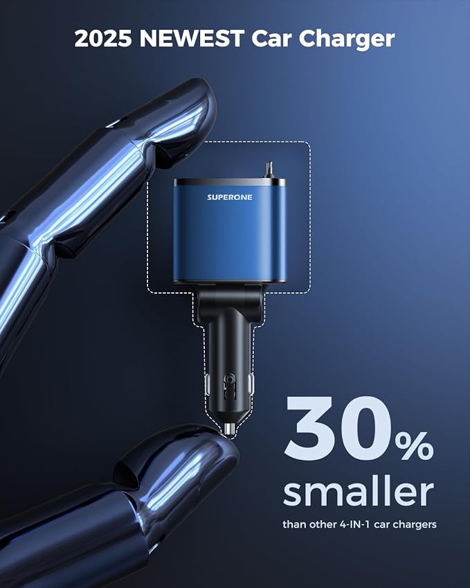 [Upgraded] 6 in 1 Retractable Car Charger, Smaller Fast Car Phone Charger 69W with Cord, USB C and iPhone Car Charger Adapter, Compatible iPhone 17/17 Pro Max/16/15/14/13, Sumsung