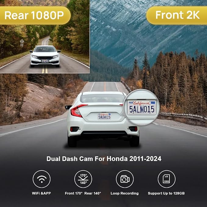 2K Dual Dash Cam Suitable for Honda 2011-2024 Vehicles (Rhombus Dome Light), OEM Look, Front 1440P+Rear 1080P HD Video, Loop Recording, Built-in WiFi & APP, G-Sensor, Easy to Set, 64GB Card