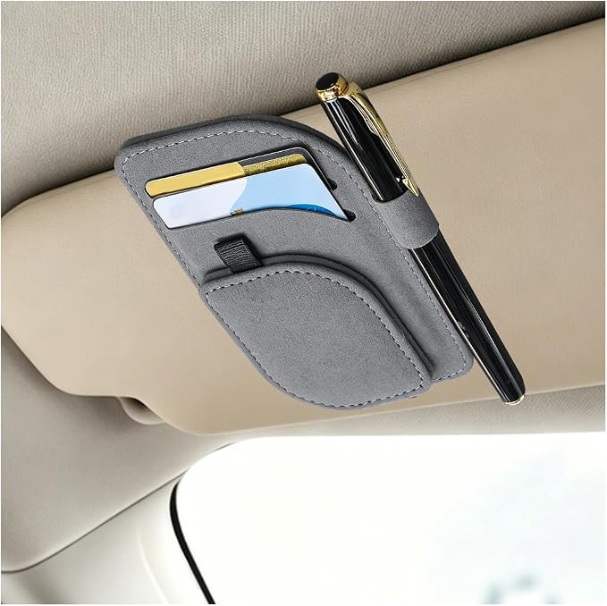Car Sun Visor Organizer, Multi-Pocket Vehicle Sunglass Card Holder with Pen Slot, Automotive Interior Sunshade Glasses Storage Organizer, Universal Fit (Gray)