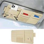 Car Sun Visor Organizer with Sunglasses Holder, Multi-Pocket Visor Storage Pouch Case for Ticket Card Phone Money, Auto Interior Sunvisor Organizer Bag, Universal for SUV Van Truck (Beige)