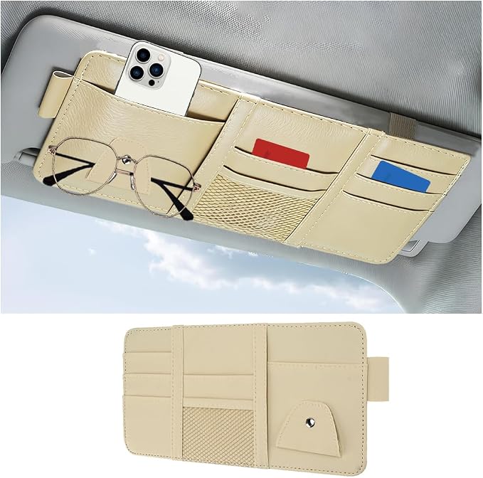 Car Sun Visor Organizer with Sunglasses Holder, Multi-Pocket Visor Storage Pouch Case for Ticket Card Phone Money, Auto Interior Sunvisor Organizer Bag, Universal for SUV Van Truck (Beige)