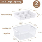 40Qt Stackable Storage Bins with Lids & Trays, Clear Plastic Latching Boxes Organizers with Dividers Portable 10Gal Containers for Arts & Crafts, Home and Car Trunk Organization, 2Pack