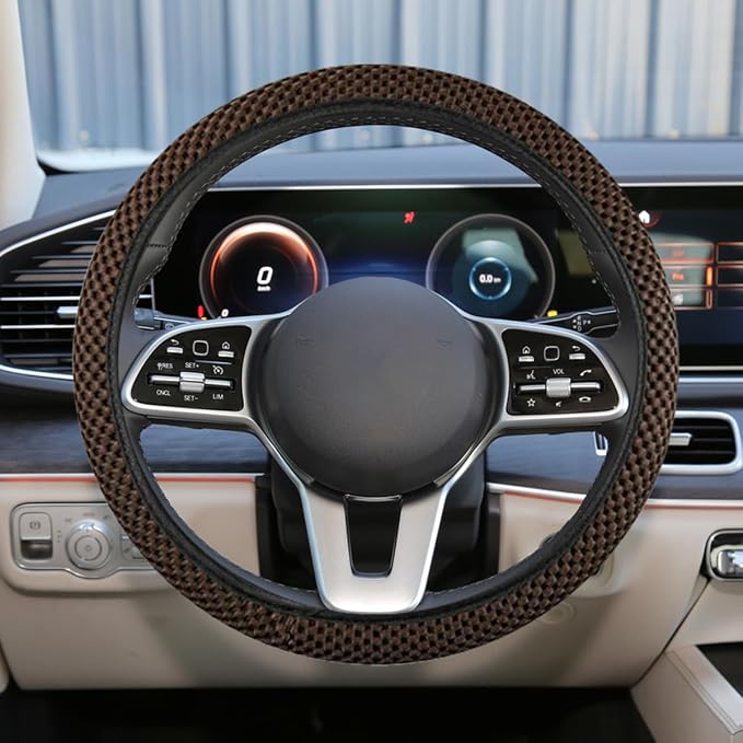 Elastic Stretch Steering Wheel Cover, 15" Breathable Microfiber Ice Silk Steering Wheel Protector, Universal Anti-Slip Car Warm in Winter&Cool in Summer Accessories for Men Women (Coffee)