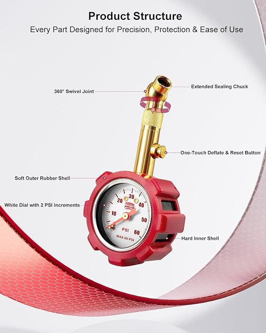 Tire Pressure Gauge – 5–60 PSI Analog Gauge with Pressure Hold, Extended Sealing 360° Swivel Chuck & Dual Protective Shell – Fits All Standard Valve Stems