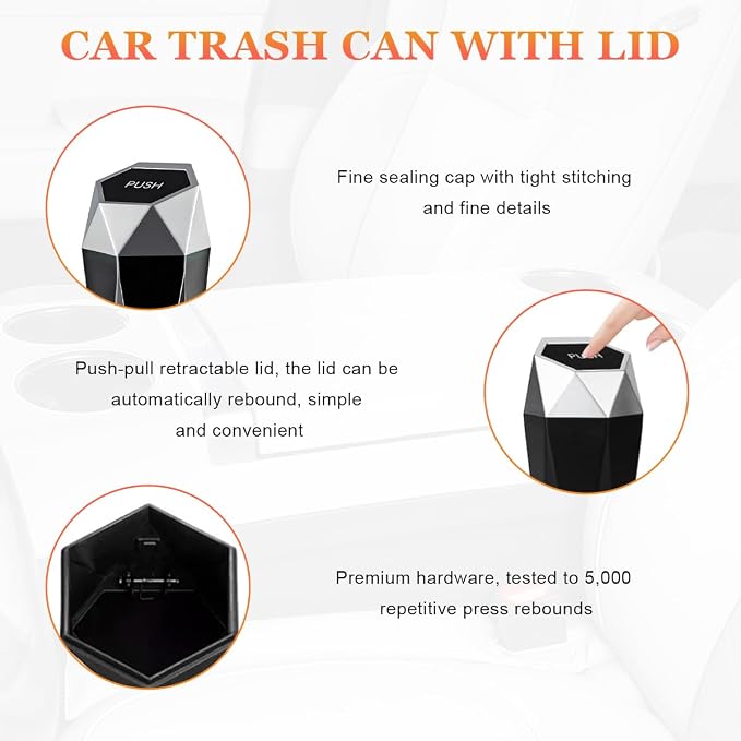 Car Trash Can with Lid, Diamond Design Leakproof Vehicle Cup Holder Garbage Can, Waterproof Trash Bin Mini Portable Garbage Organizer for Cars Homes Offices Bedrooms (Silver)