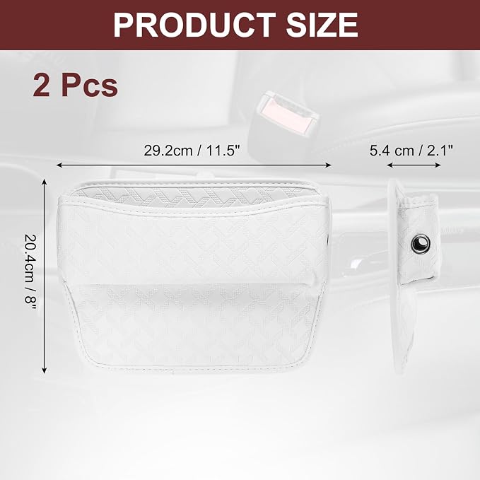 2pcs Car Seat Gap Filler Organizer 11.5 x 8 x 2.1 Inch Leather Universal Car Organizer Storage Box Between Seat and Console for Phone Sunglasses Keys, White