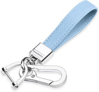 Genuine Leather Car Keychain,Universal Heavy Duty Metal Key Chain Accessories,Car Fob Key Keychain Holder with 360 Degree Rotatable Snap Swivel and Anti-Lost D-Ring for Men Women(Light Blue)
