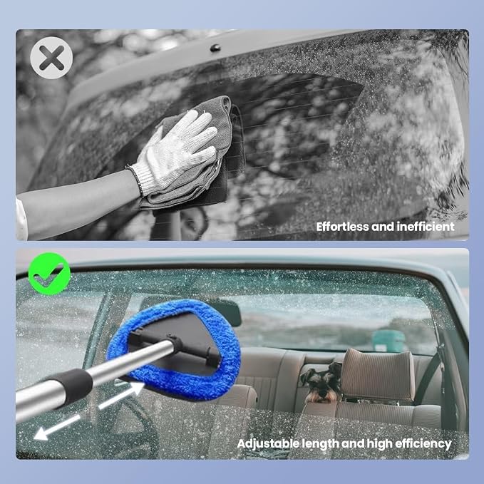 Car Windshield Cleaning Tool Set, Interior Exterior Auto Glass Cleaner Kit with Detachable Handle, 4 Reusable Microfiber Pads, Extendable Wiper Brush for Cars Trucks Home (Grey)