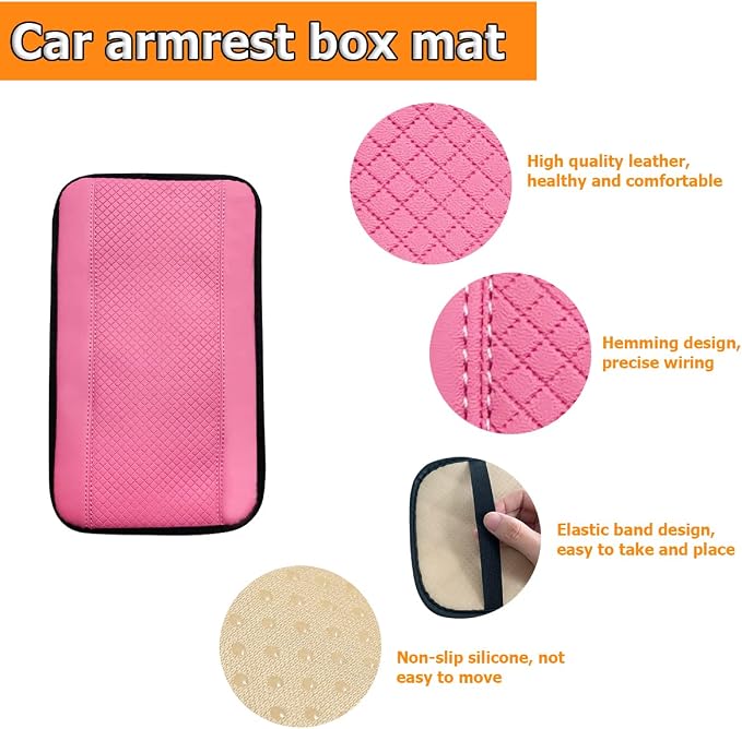 Car Armrest Storage Box Mat, Fiber Leather Car Center Console Cover, Car Armrest Seat Box Cover Accessories Interior Protection for Most Vehicle, SUV, Truck, Car (Pink)