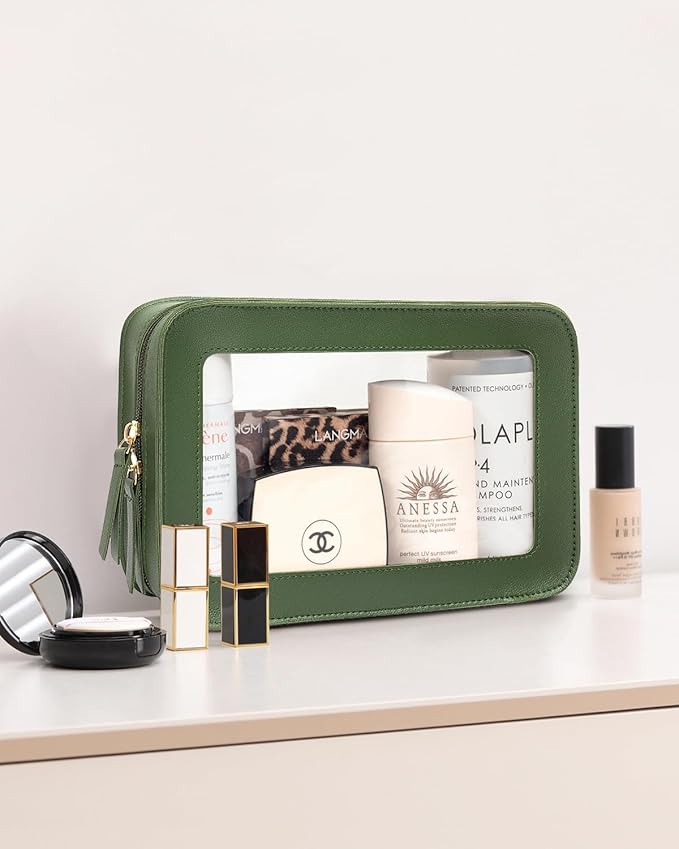 Clear Makeup Bags, TSA Approved Toiletry Bag with Zipper, Travel Makeup Organizer Fit Carry-on Travel Essentials,Small Cosmetic Bags Pouch for Women Men (Clear-Vintage Green)