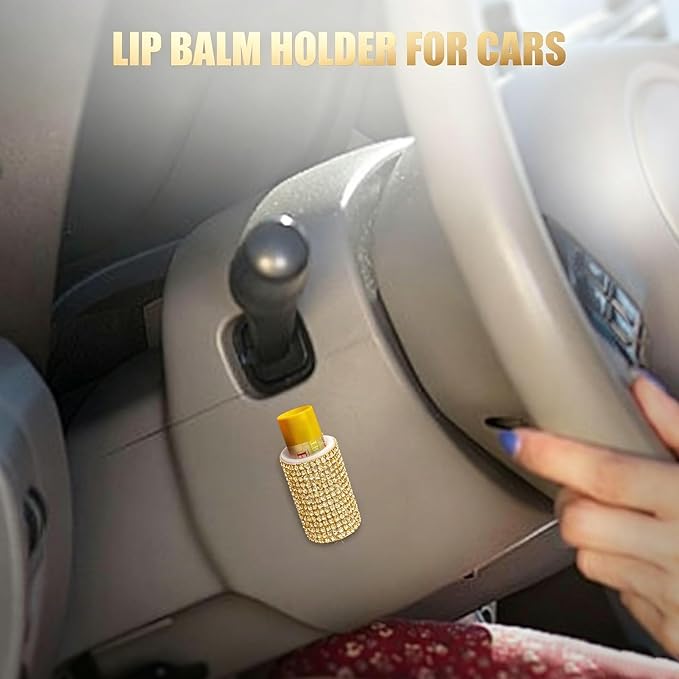 Upright Car Chapstick Holder, Bling Insulating Lip Balm Holder,Rhinestone Car Accessories for Women Interior,Suitable for Most Vehicles. (Yellow)