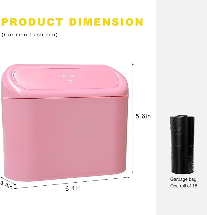 Car Trash Can Bin with Lid, Mini Portable Auto Garbage Can with 15Pcs Trash Bags, Waterproof Leakproof Small Garbage Organizer, Car Dustbin for Vehicle, Home, Office (Pink)