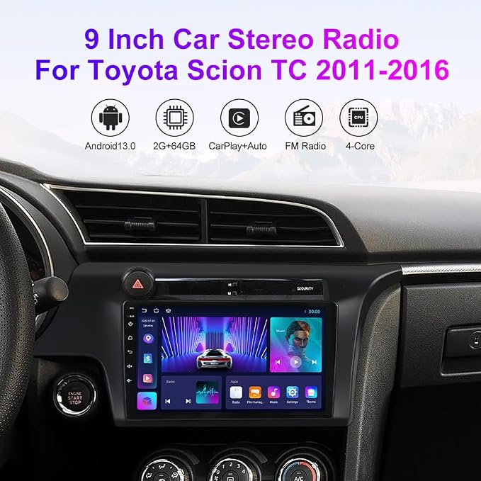 Car Radio for Scion tC 2011 2012 2013 2014 2015 2016 2GB RAM 64GB ROM, 9 Inch Touchscreen Stereo Head Unit Wireless Car-Play Android Auto Blue-Tooth GPS Navi WiFi FM SWC RDS Blue-Tooth WiFi | 9 Inch Stereo Wireless Car-Play Android Auto Blue-To...