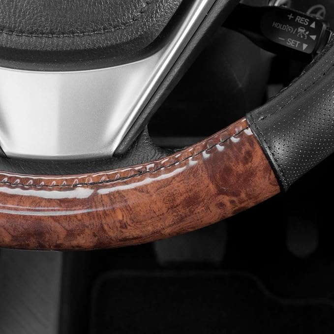 Dark Wood Grain Steering Wheel Cover with Black Faux Leather Comfort Grip, Standard 15 inch Size, Car Steering Wheel Cover for Truck Van SUV Auto