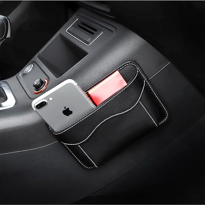 Car Seat Side Pocket Organizer, PU Leather Mini Storage Bag for Auto Door Window Console, Pen Phone Holder Tray Pouch Vehicle Seat Gap Filler for Organize Document, Registration, Notepad (Black)