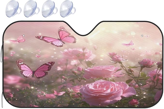 Windshield Sun Shade Rose Flower Garden Butterfly Car Front Window Sunshade Cover for Truck SUV Blocks UV Rays Automotive Visor Interior Protector 55 x 30 inch